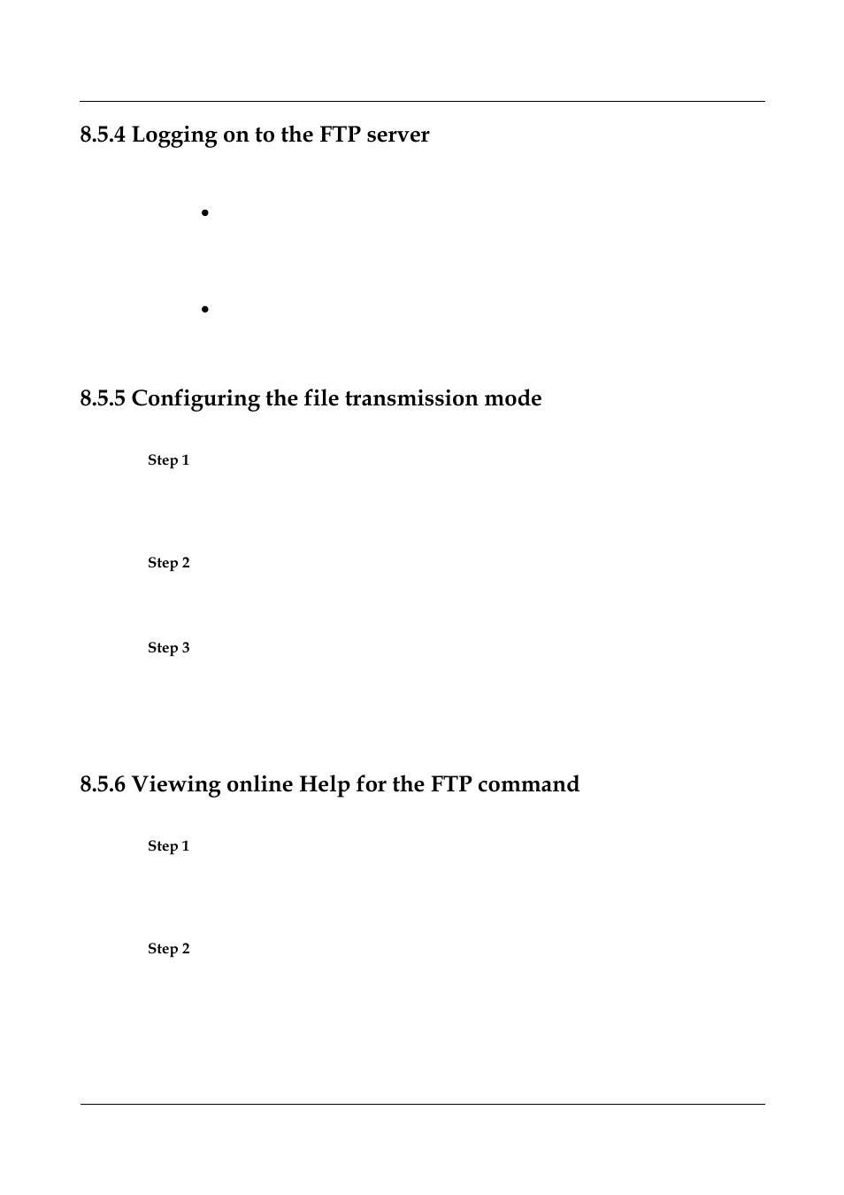4 logging on to the ftp server, 5 configuring the file transmission mode, 6 viewing online help for the ftp command | 3 configuring the file transmission mode -9, 4 viewing online help for the ftp command -9 | Panasonic NN46240-501 User Manual | Page 147 / 237
