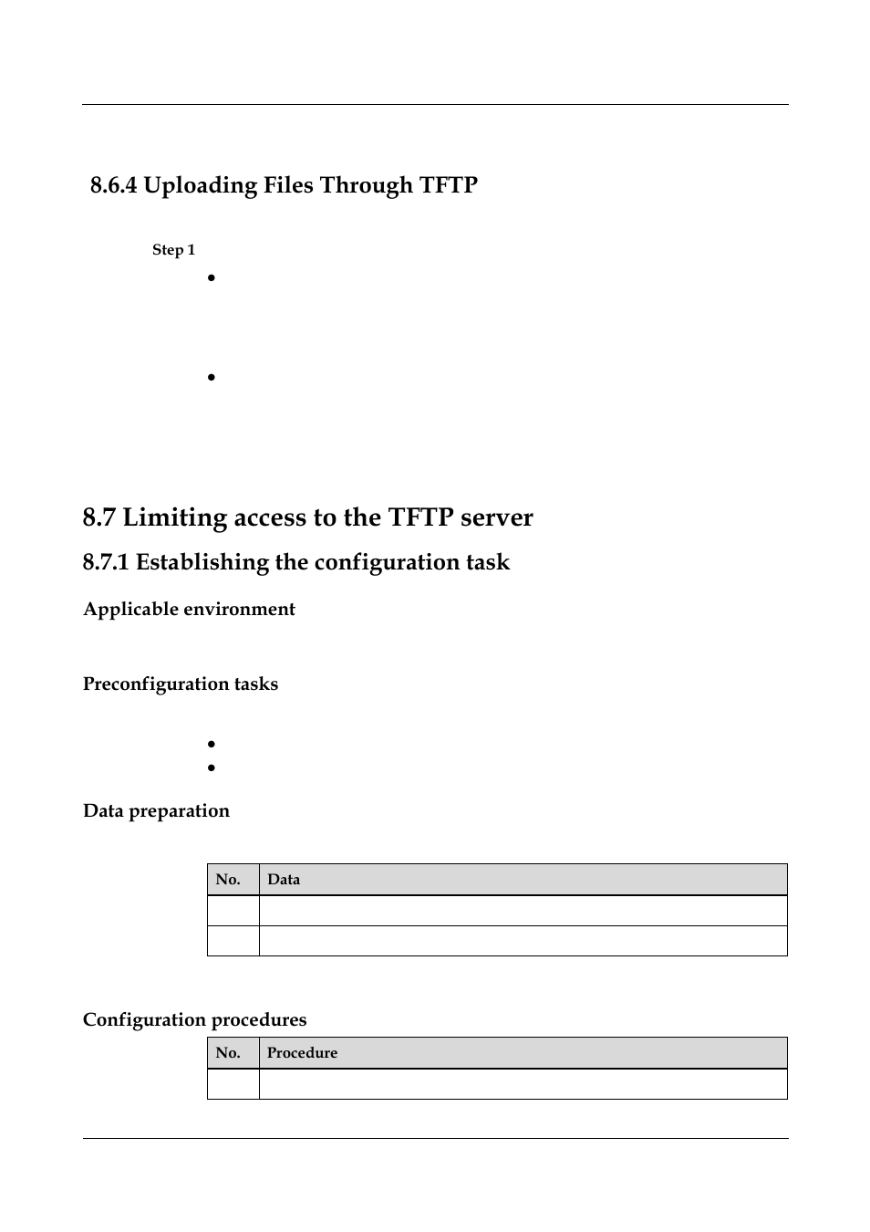 4 uploading files through tftp, 1 establishing the configuration task, Applicable environment | Preconfiguration tasks, Data preparation, 1 establishing the configuration task -14, After configuring the ftp server, run the, Display ftp-server command. you can view, That the ftp acl is 2345, 7 limiting access to the tftp server | Panasonic NN46240-501 User Manual | Page 152 / 237