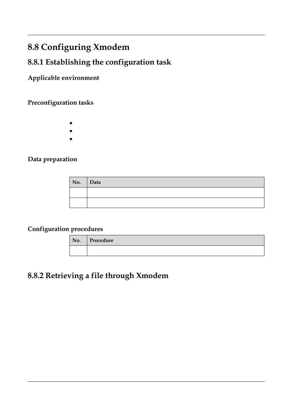 1 establishing the configuration task, Applicable environment, Preconfiguration tasks | Data preparation, 2 retrieving a file through xmodem, 2 retrieving a file through xmodem -15, 1 establishing the configuration task -6, 8 configuring xmodem | Panasonic NN46240-501 User Manual | Page 154 / 237