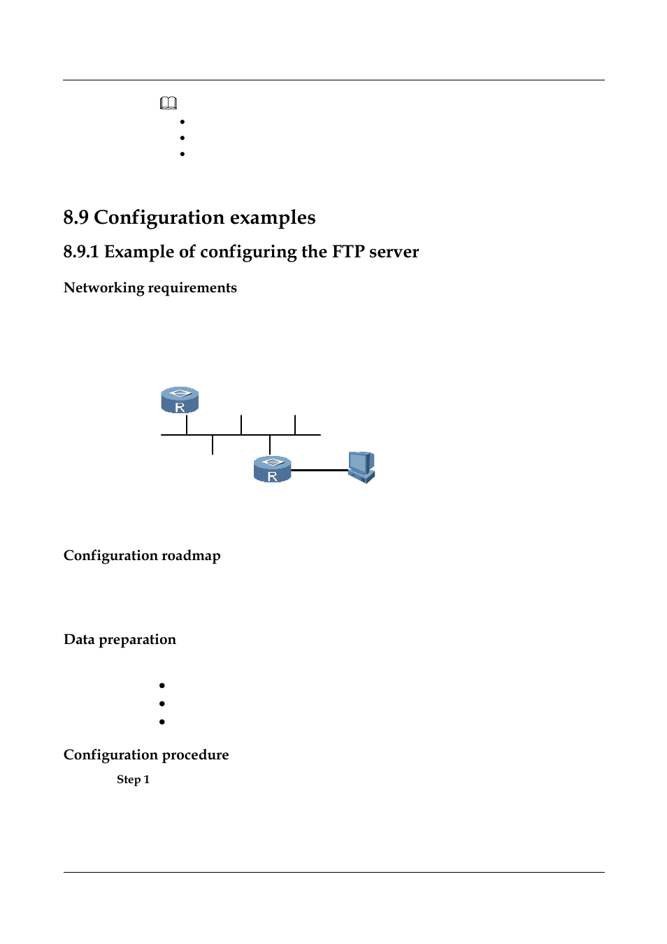 1 example of configuring the ftp server, Networking requirements, Configuration roadmap | Data preparation, Configuration procedure, 1 example of configuring the ftp server -15, 9 configuration examples | Panasonic NN46240-501 User Manual | Page 155 / 237