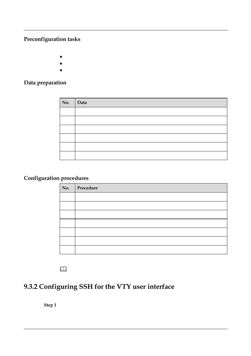 Preconfiguration tasks, Data preparation, Configuration procedures | 2 configuring ssh for the vty user interface, 2 configuring ssh for the vty user interface -9 | Panasonic NN46240-501 User Manual | Page 176 / 237