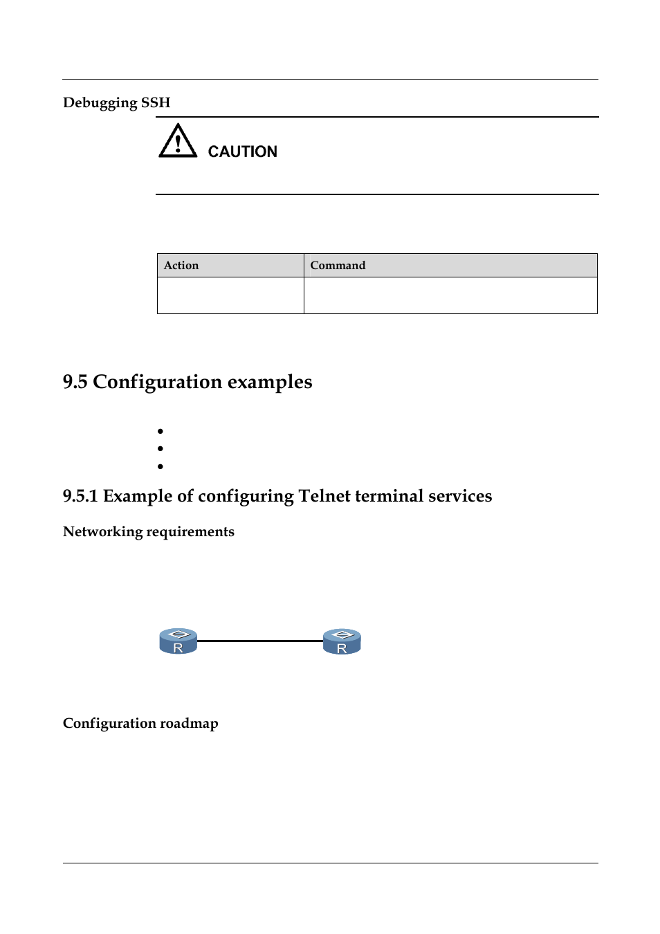 Debugging ssh, 1 example of configuring telnet terminal services, Networking requirements | Configuration roadmap, 5 configuration examples | Panasonic NN46240-501 User Manual | Page 181 / 237