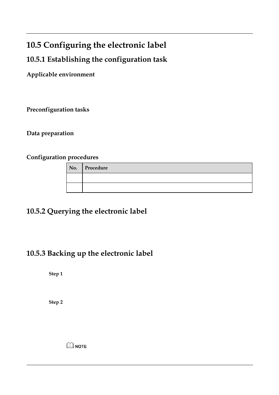 1 establishing the configuration task, Applicable environment, Preconfiguration tasks | Data preparation, Configuration procedures, 2 querying the electronic label, 3 backing up the electronic label, 5 configuring the electronic label -9, 2 querying the electronic label -9, 1 establishing the configuration task -3 | Panasonic NN46240-501 User Manual | Page 199 / 237