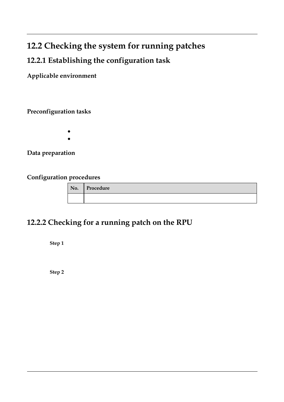 1 establishing the configuration task, Applicable environment, Preconfiguration tasks | Data preparation, Configuration procedures, 2 checking for a running patch on the rpu, 2 checking for a running patch on the rpu -3, 1 establishing the configuration task -4, 1 introduction, 2 checking the system for running patches | Panasonic NN46240-501 User Manual | Page 214 / 237