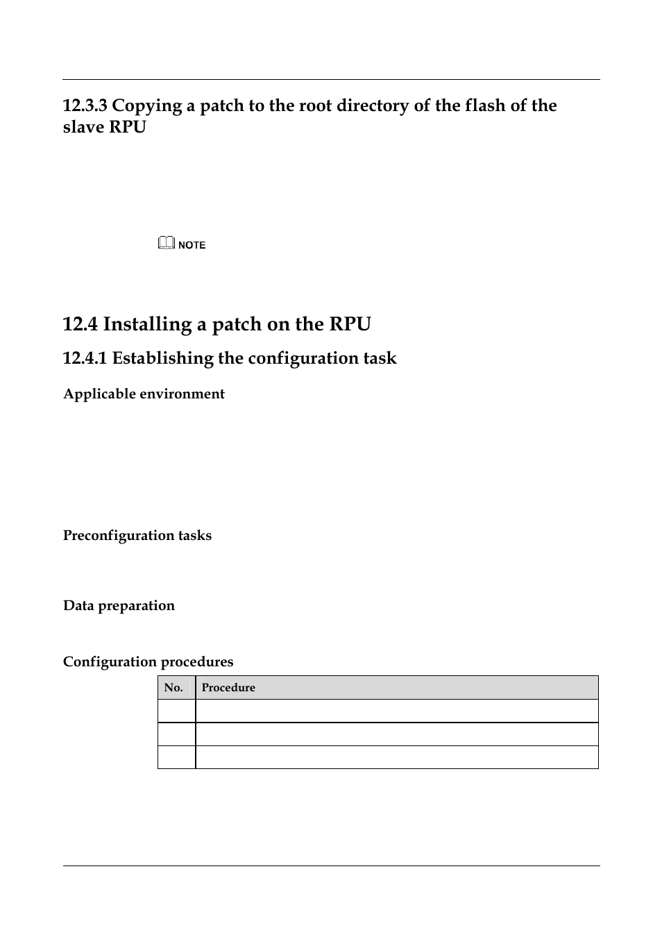 1 establishing the configuration task, Applicable environment, Preconfiguration tasks | Data preparation, Configuration procedures, 1 establishing the configuration task -6, 2 checking the system for, Running patches, 4 installing a patch on the rpu | Panasonic NN46240-501 User Manual | Page 216 / 237