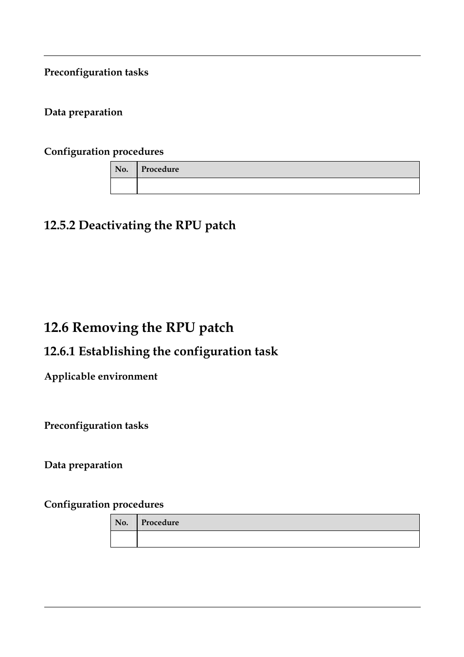 Preconfiguration tasks, Data preparation, Configuration procedures | 2 deactivating the rpu patch, 1 establishing the configuration task, Applicable environment, 5 canceling the rpu patch -6, 6 removing the rpu patch | Panasonic NN46240-501 User Manual | Page 218 / 237