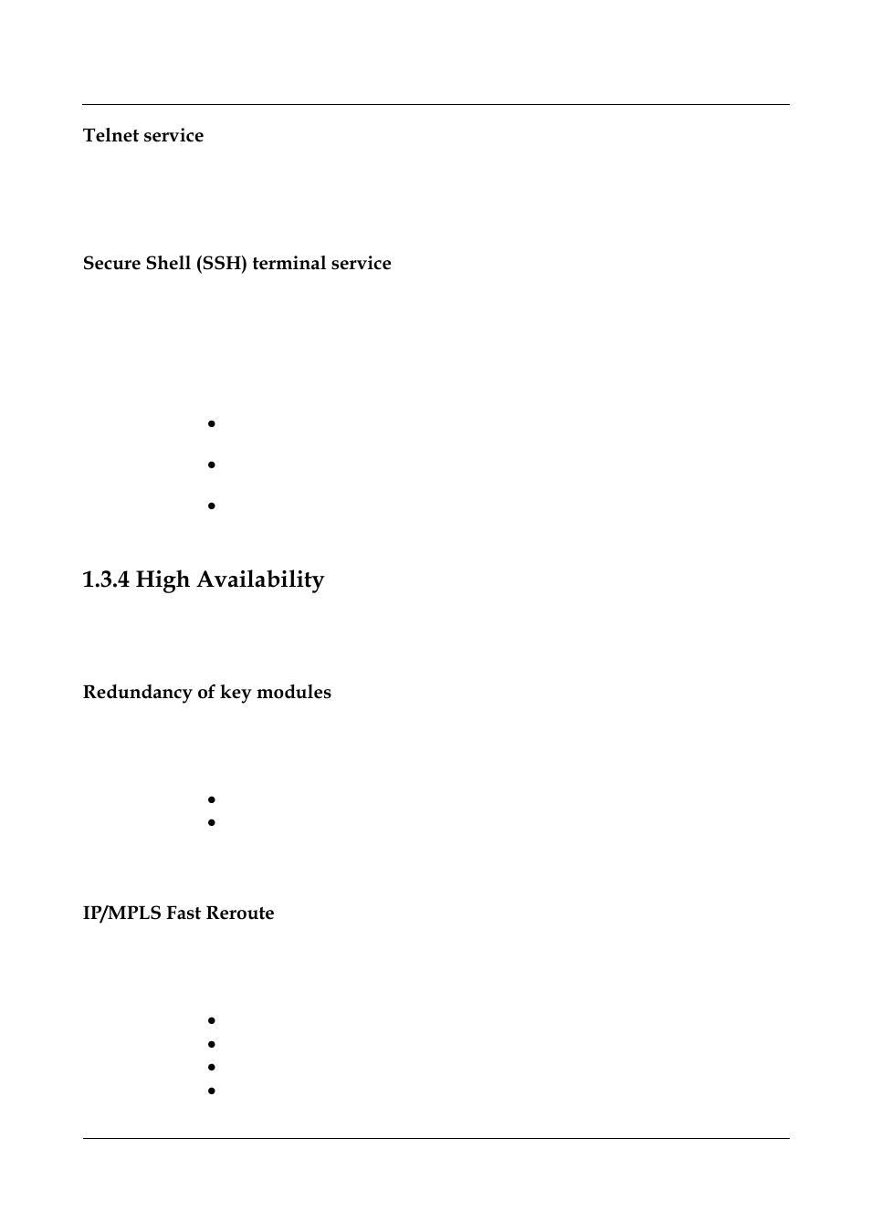 Telnet service, Secure shell (ssh) terminal service, 4 high availability | Redundancy of key modules, Ip/mpls fast reroute, 4 high availability -11, High availability | Panasonic NN46240-501 User Manual | Page 37 / 237