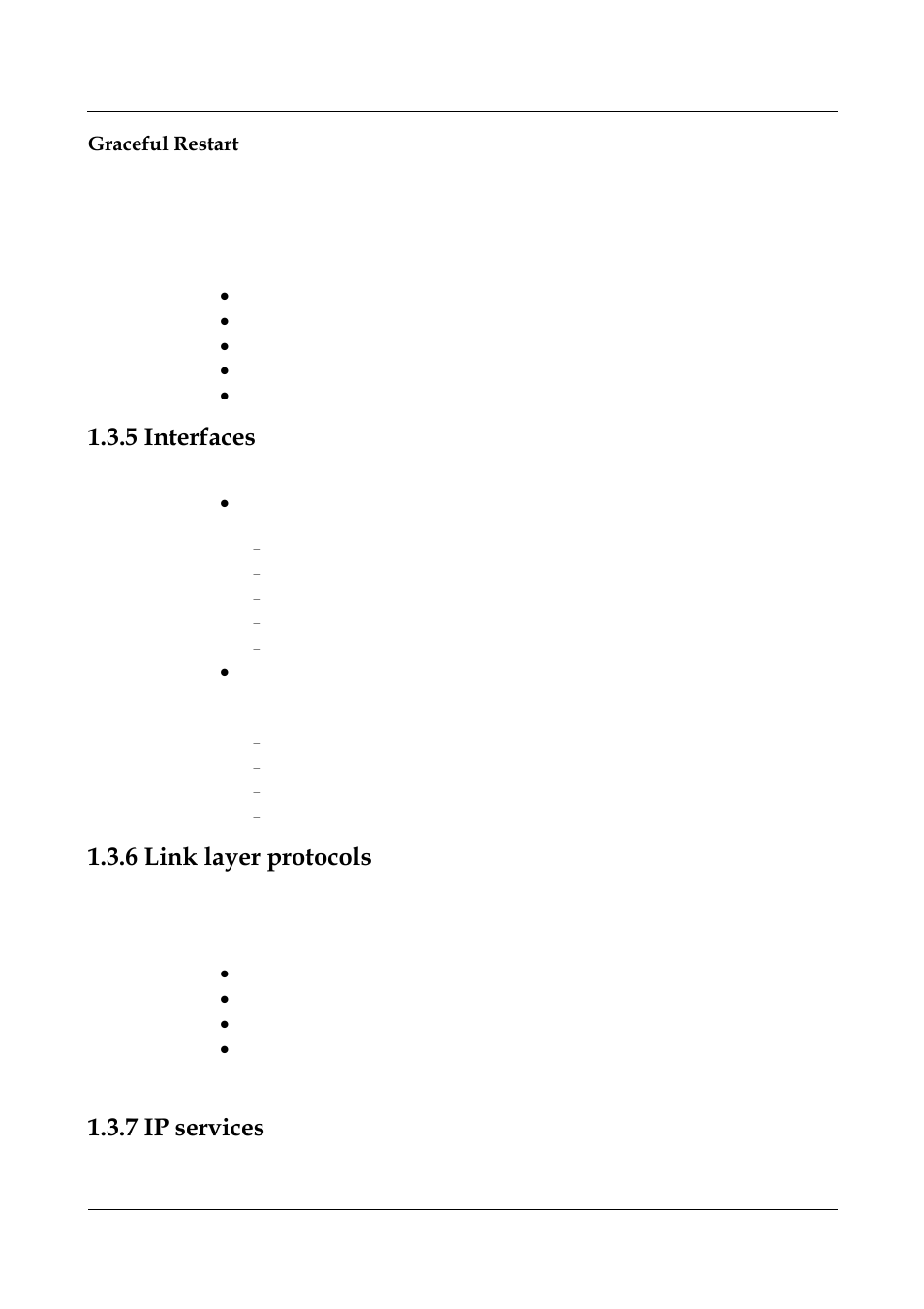 Graceful restart, 5 interfaces, 6 link layer protocols | 7 ip services, 5 interfaces -12, 6 link layer protocols -12, 7 ip services -12, Link layer protocols, Ip services | Panasonic NN46240-501 User Manual | Page 38 / 237