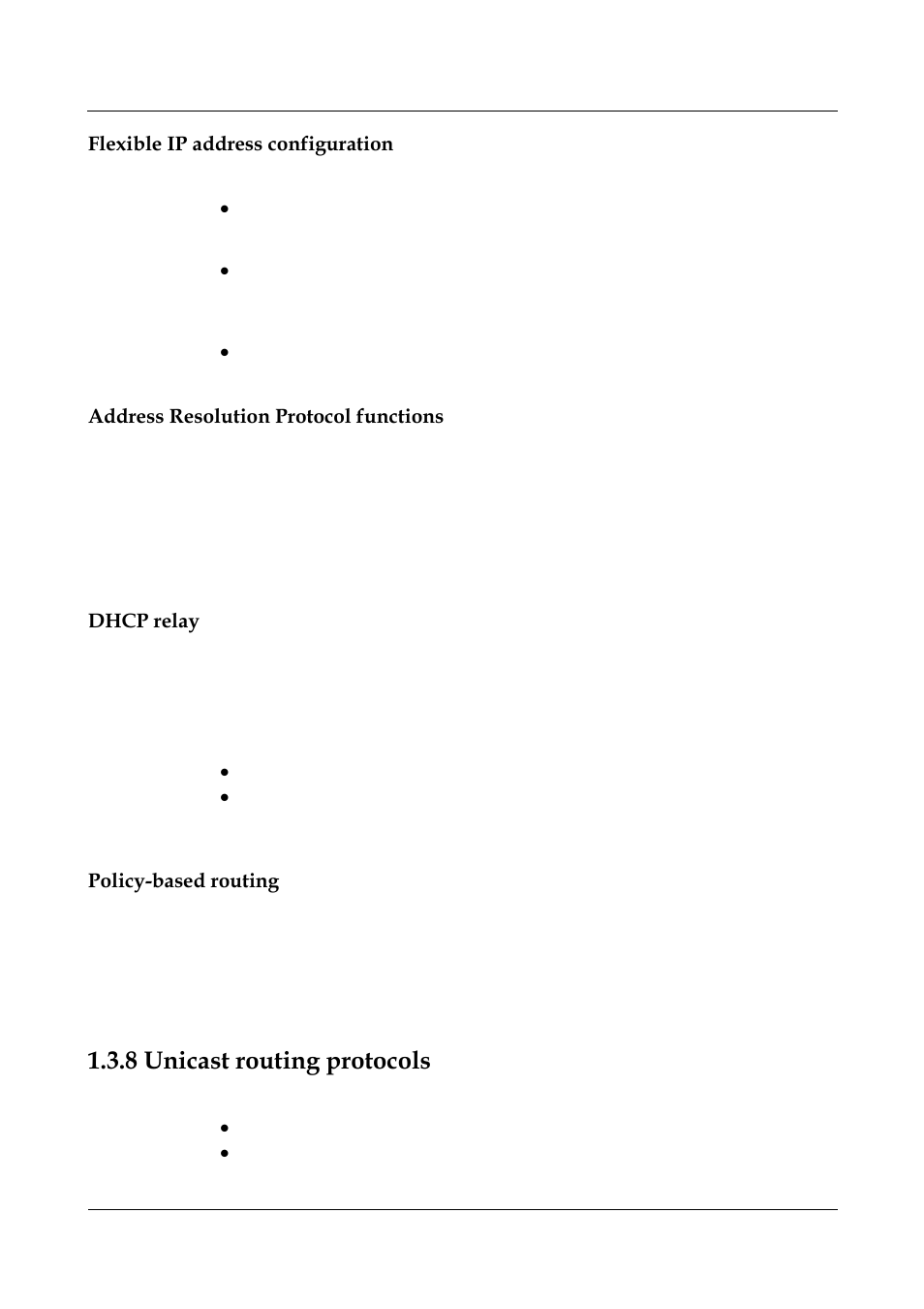 Flexible ip address configuration, Address resolution protocol functions, Dhcp relay | Policy-based routing, 8 unicast routing protocols, 8 unicast routing protocols -13 | Panasonic NN46240-501 User Manual | Page 39 / 237