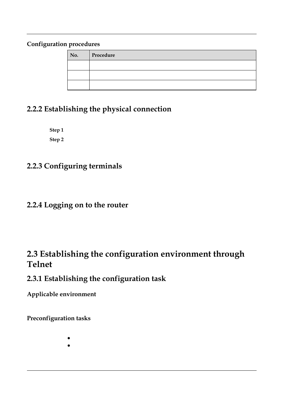 Configuration procedures, 2 establishing the physical connection, 3 configuring terminals | 4 logging on to the router, 1 establishing the configuration task, Applicable environment, Preconfiguration tasks, 2 establishing the physical connection -4, 3 configuring terminals -4, 4 logging on to the router -4 | Panasonic NN46240-501 User Manual | Page 51 / 237