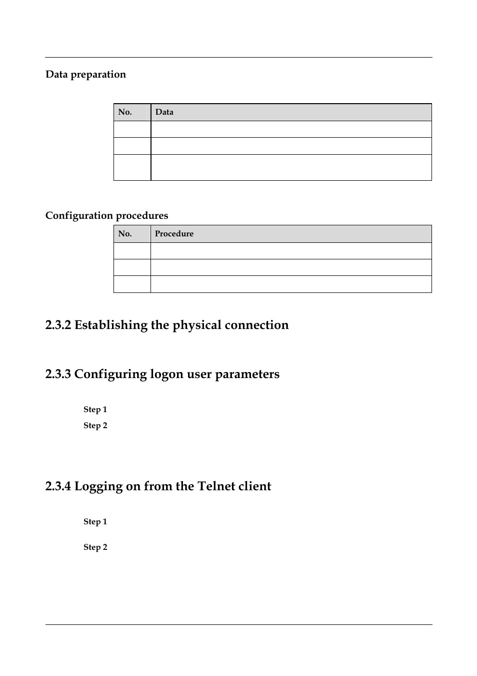 Data preparation, Configuration procedures, 2 establishing the physical connection | 3 configuring logon user parameters, 4 logging on from the telnet client, 2 establishing the physical connection -5, 3 configuring logon user parameters -5, 4 logging on from the telnet client -5 | Panasonic NN46240-501 User Manual | Page 52 / 237