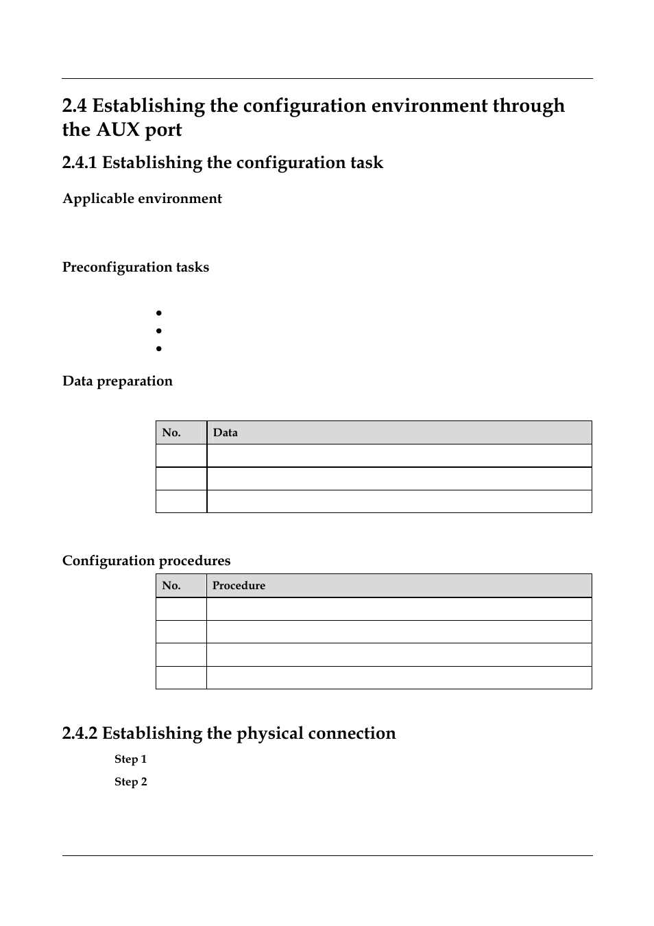1 establishing the configuration task, Applicable environment, Preconfiguration tasks | Data preparation, Configuration procedures, 2 establishing the physical connection, 1 establishing the configuration task -6, 2 establishing the physical connection -6, 3 establishing the, Configuration environment | Panasonic NN46240-501 User Manual | Page 53 / 237