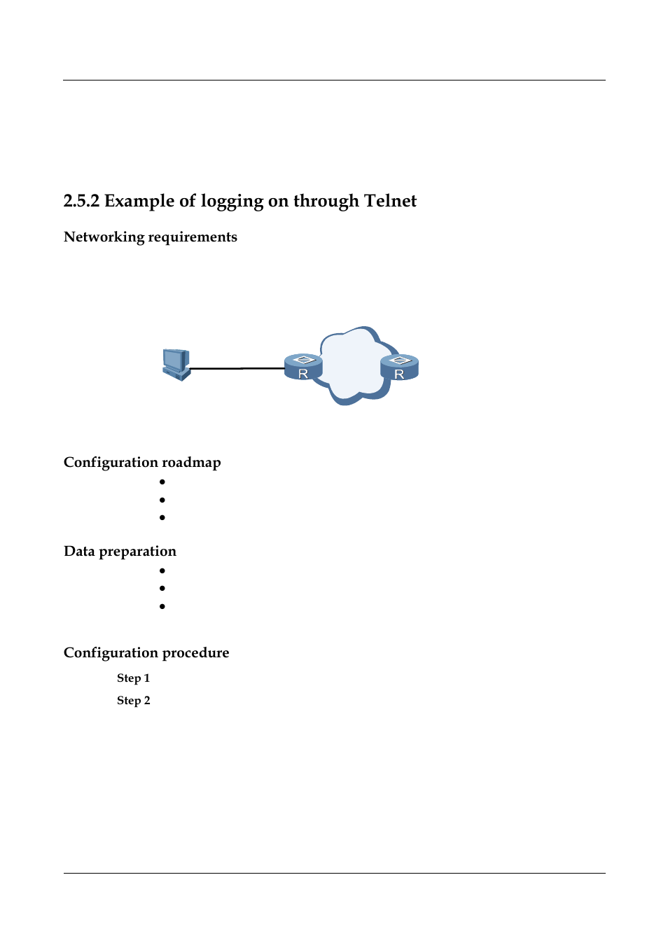2 example of logging on through telnet, Networking requirements, Configuration roadmap | Data preparation, Configuration procedure, 2 example of logging on through telnet -10 | Panasonic NN46240-501 User Manual | Page 57 / 237