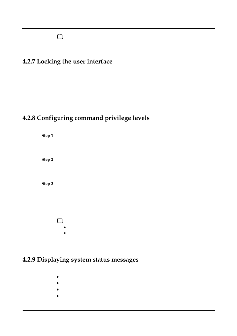 7 locking the user interface, 8 configuring command privilege levels, 9 displaying system status messages | 7 locking the user interface -6, 8 configuring command privilege levels -6, 9 displaying system status messages -6, Locking the user interface, Configuring command privilege levels, Displaying system status messages | Panasonic NN46240-501 User Manual | Page 85 / 237