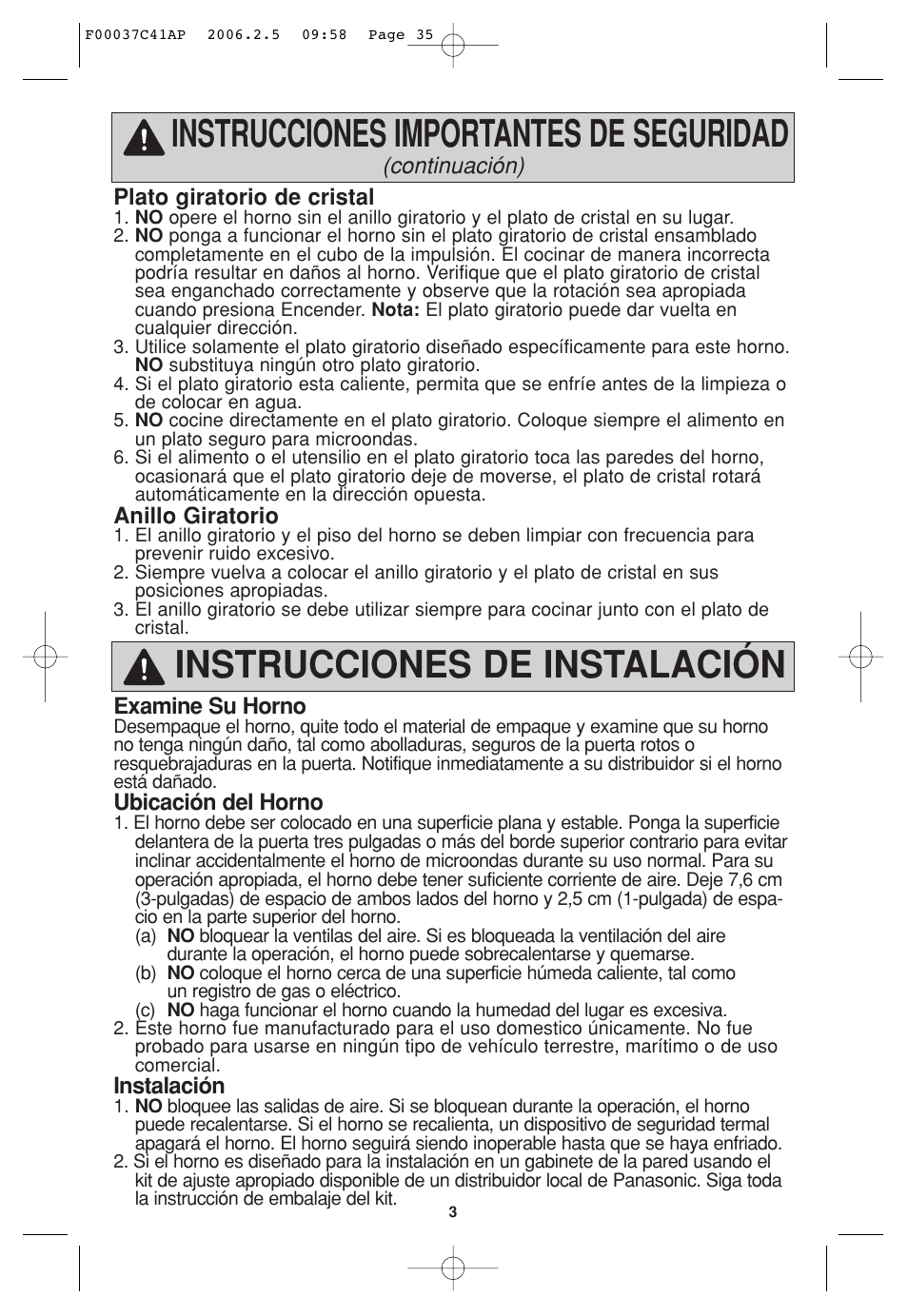 Instrucciones para instalacion y conexiona tierra, Instrucciones importantes de seguridad, Instrucciones de instalación | Panasonic T735 User Manual | Page 35 / 60