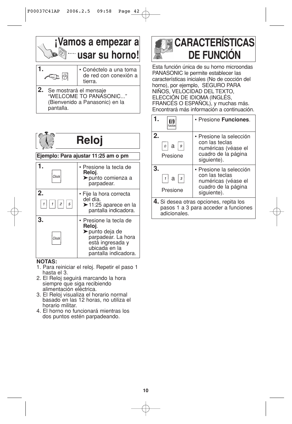 Vamos a empezar a usar su horno, Para ajuste del reloj, Caracteristicas de funcion | Reloj | Panasonic T735 User Manual | Page 42 / 60