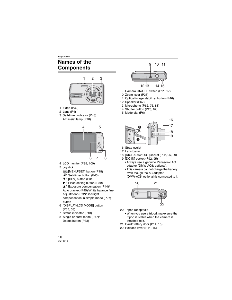 Names of the components | Panasonic DMC-FX50 User Manual | Page 10 / 128