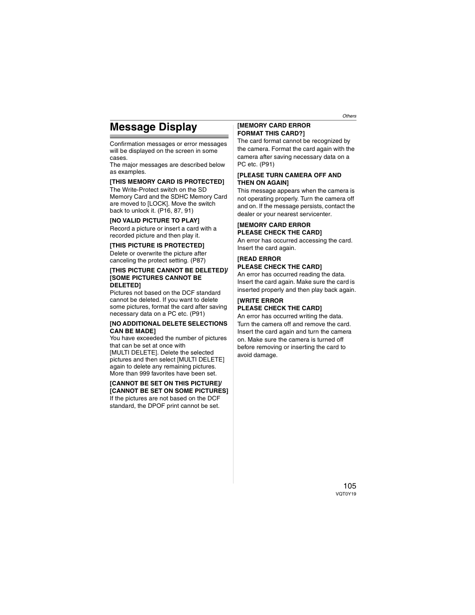 Message display | Panasonic DMC-FX50 User Manual | Page 105 / 128