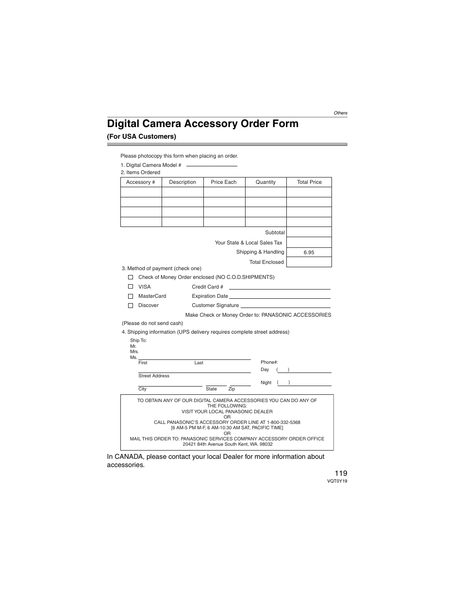 Digital camera accessory order form | Panasonic DMC-FX50 User Manual | Page 119 / 128