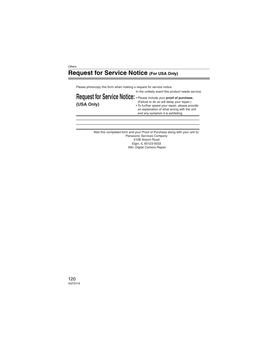 Request for service notice (for usa only), Request for service notice | Panasonic DMC-FX50 User Manual | Page 120 / 128