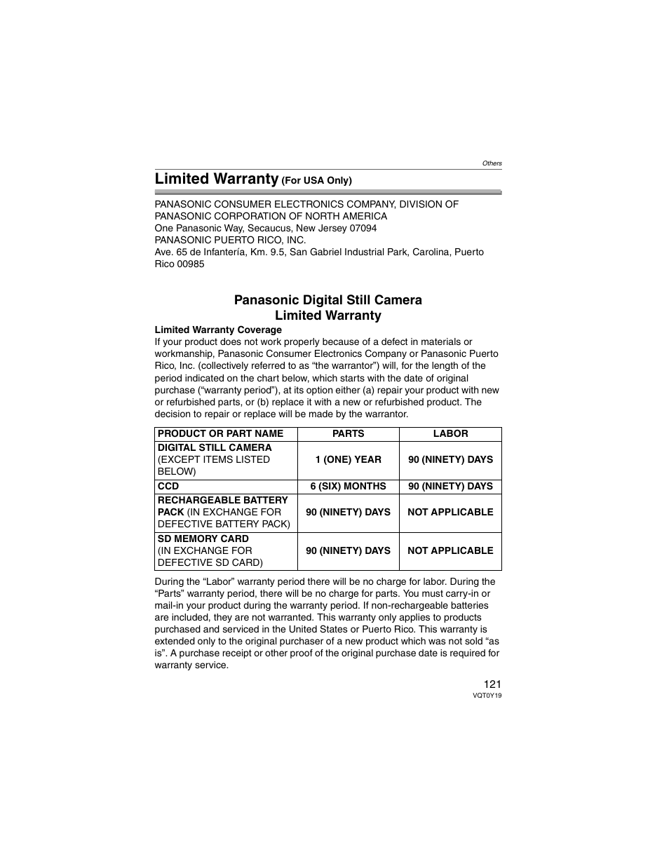 Limited warranty (for usa only), Limited warranty, Panasonic digital still camera limited warranty | Panasonic DMC-FX50 User Manual | Page 121 / 128
