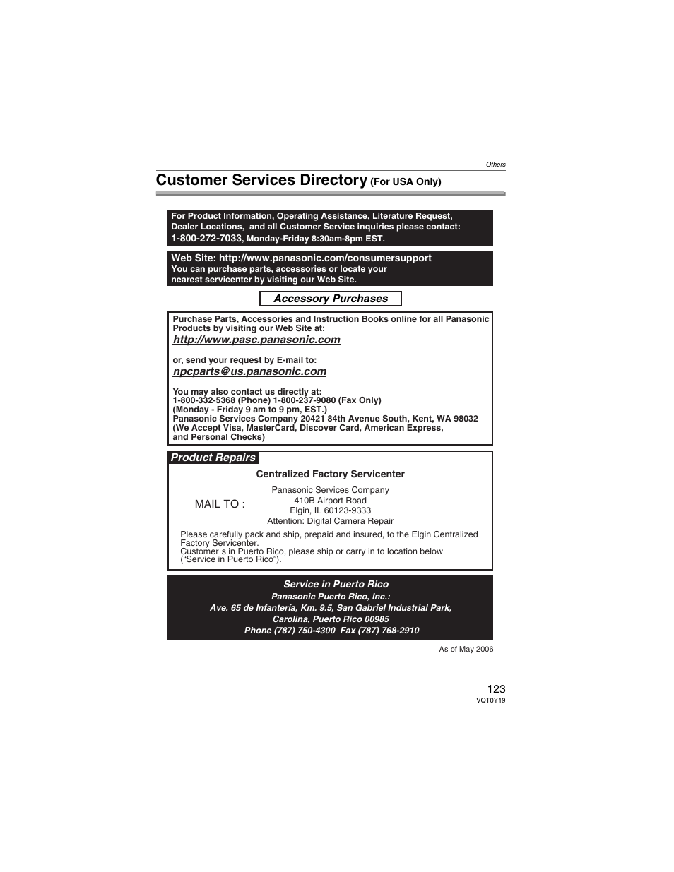 Customer service directory (for usa only), Customer services directory | Panasonic DMC-FX50 User Manual | Page 123 / 128