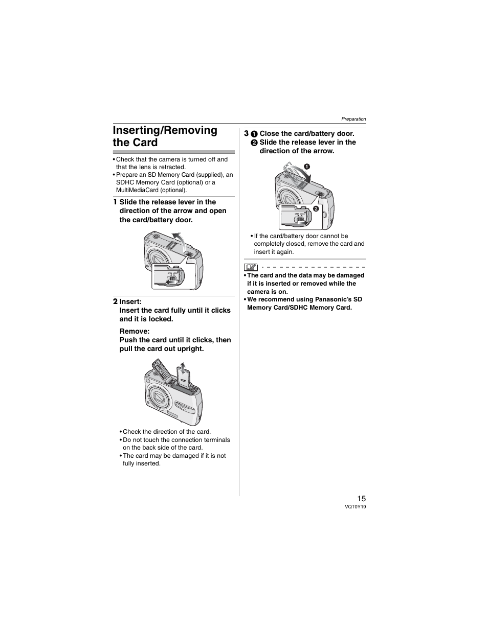 Inserting/removing the card | Panasonic DMC-FX50 User Manual | Page 15 / 128