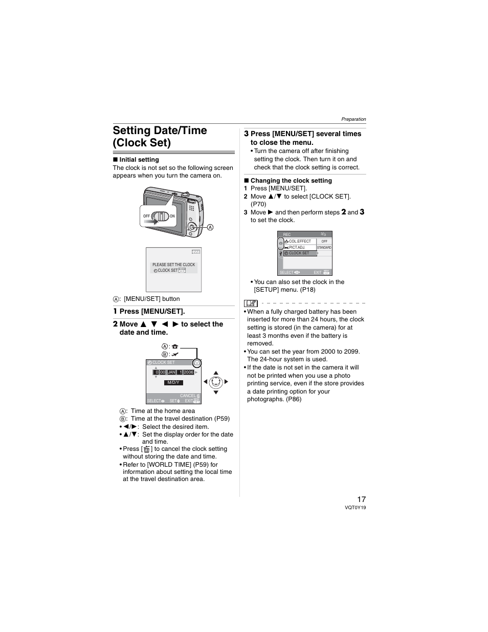 Setting date/time (clock set), 3 press [menu/set] several times to close the menu | Panasonic DMC-FX50 User Manual | Page 17 / 128
