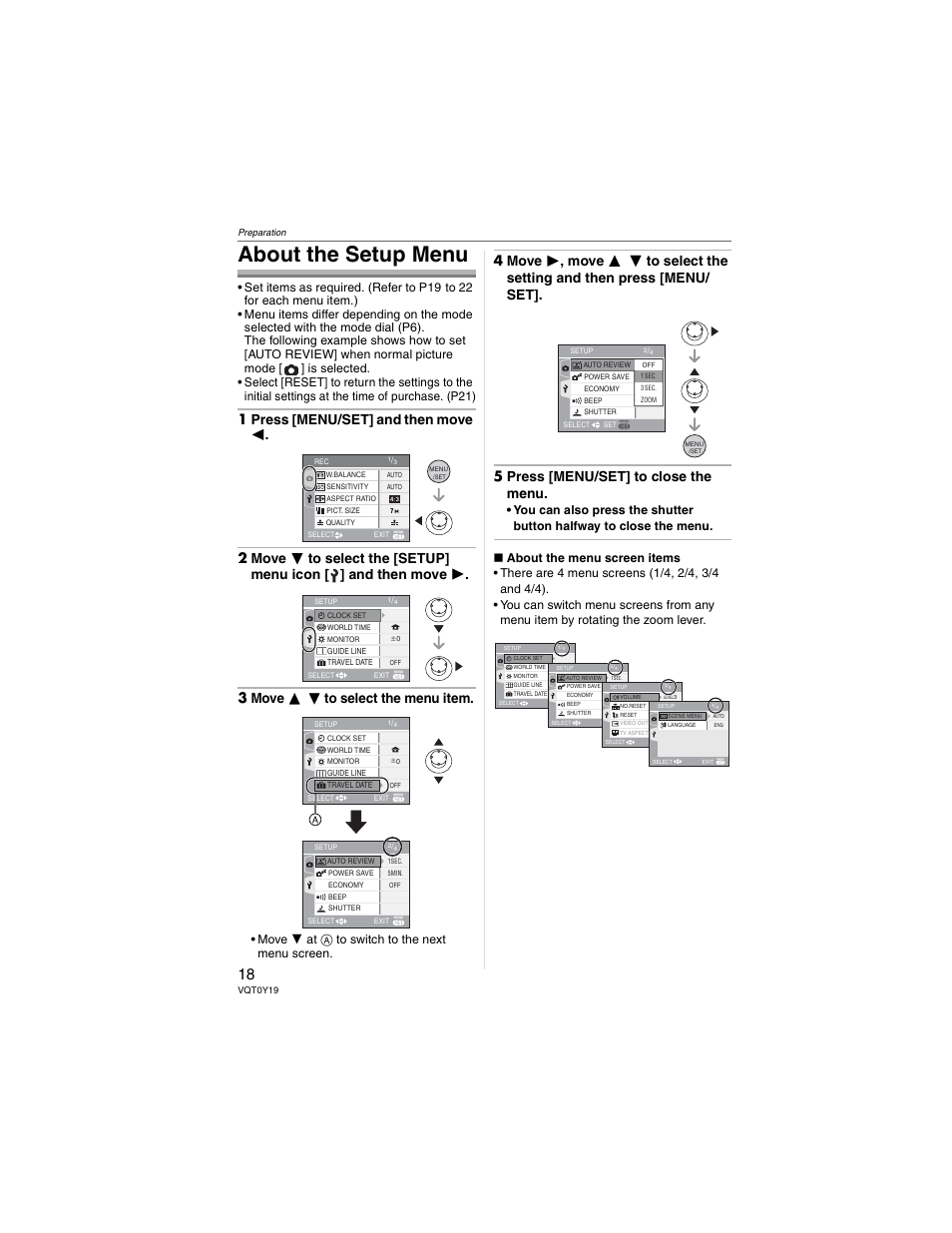 About the setup menu, Move  at  to switch to the next menu screen | Panasonic DMC-FX50 User Manual | Page 18 / 128