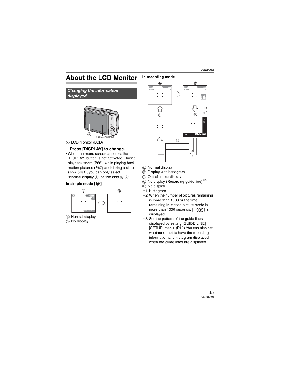 Advanced, About the lcd monitor | Panasonic DMC-FX50 User Manual | Page 35 / 128