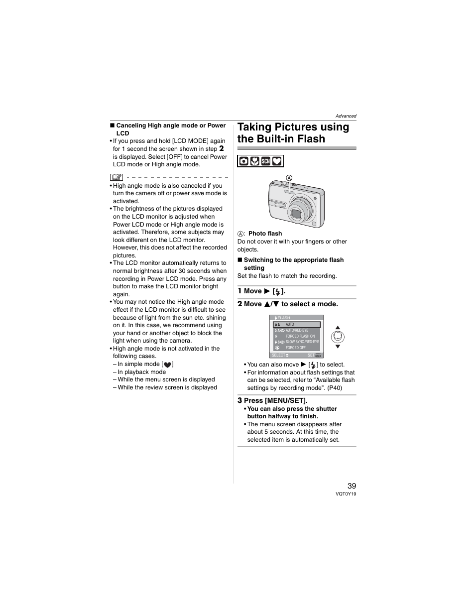 Taking pictures using the built-in flash | Panasonic DMC-FX50 User Manual | Page 39 / 128