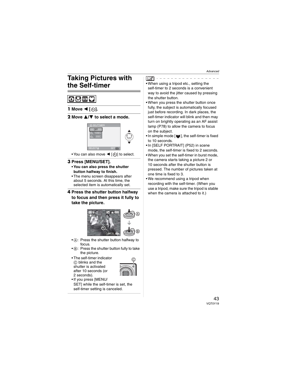 Taking pictures with the self-timer | Panasonic DMC-FX50 User Manual | Page 43 / 128