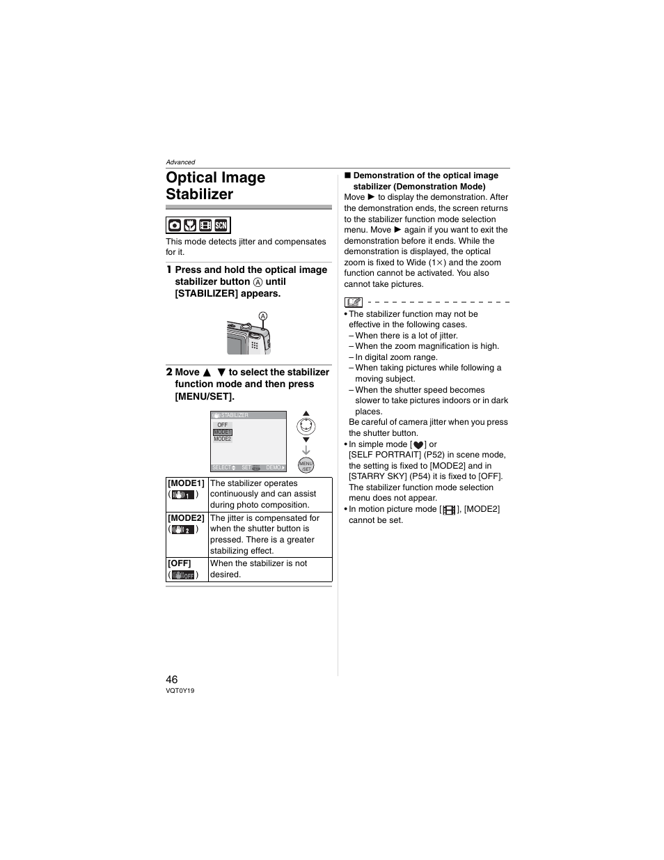 Optical image stabilizer | Panasonic DMC-FX50 User Manual | Page 46 / 128