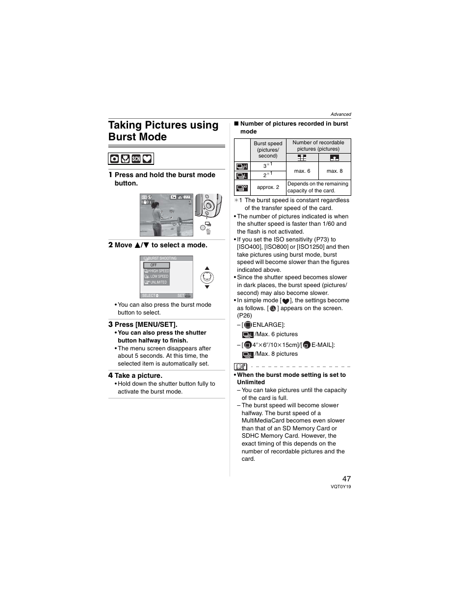 Taking pictures using burst mode | Panasonic DMC-FX50 User Manual | Page 47 / 128