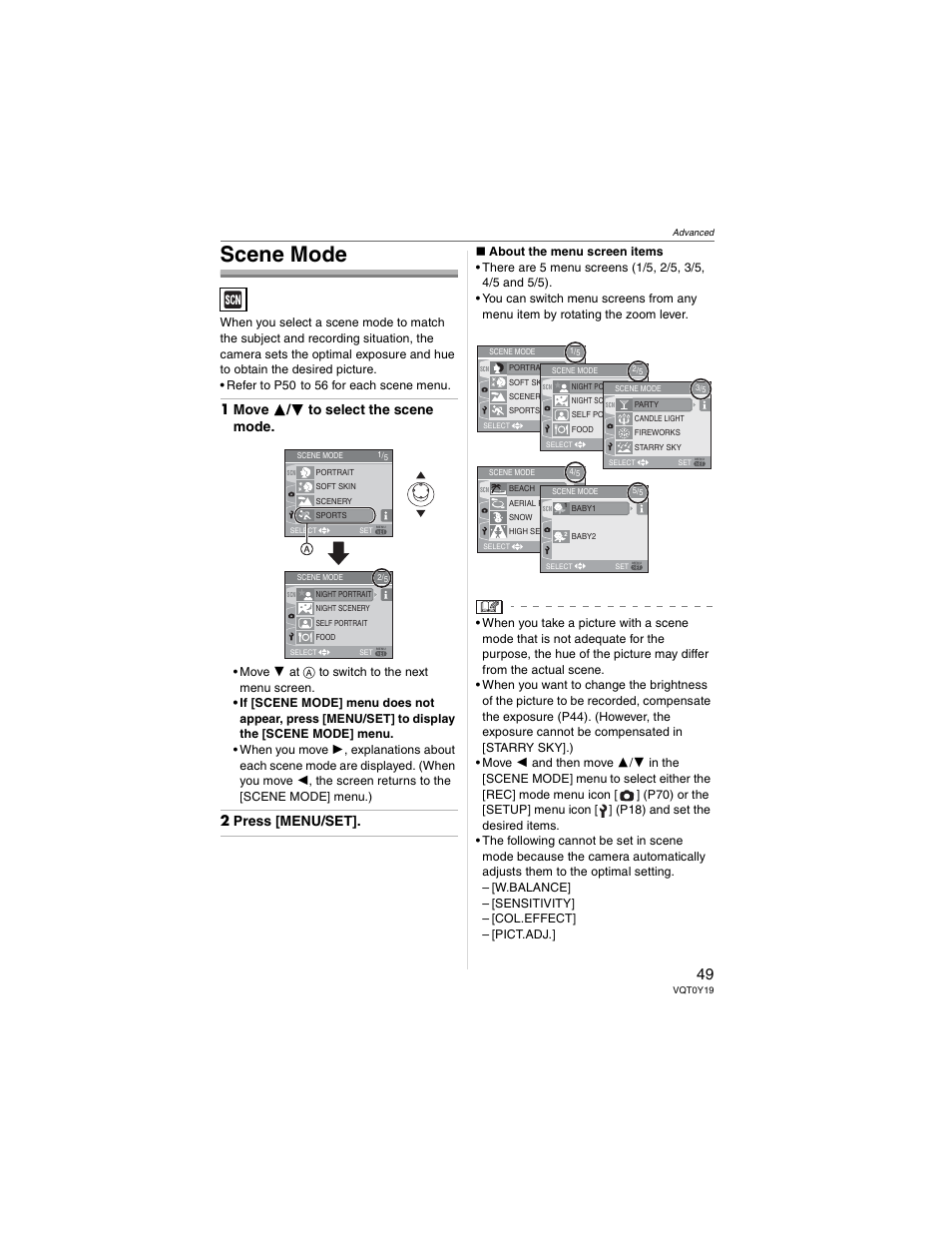 Scene mode, 1 move  /  to select the scene mode, 2 press [menu/set | Panasonic DMC-FX50 User Manual | Page 49 / 128