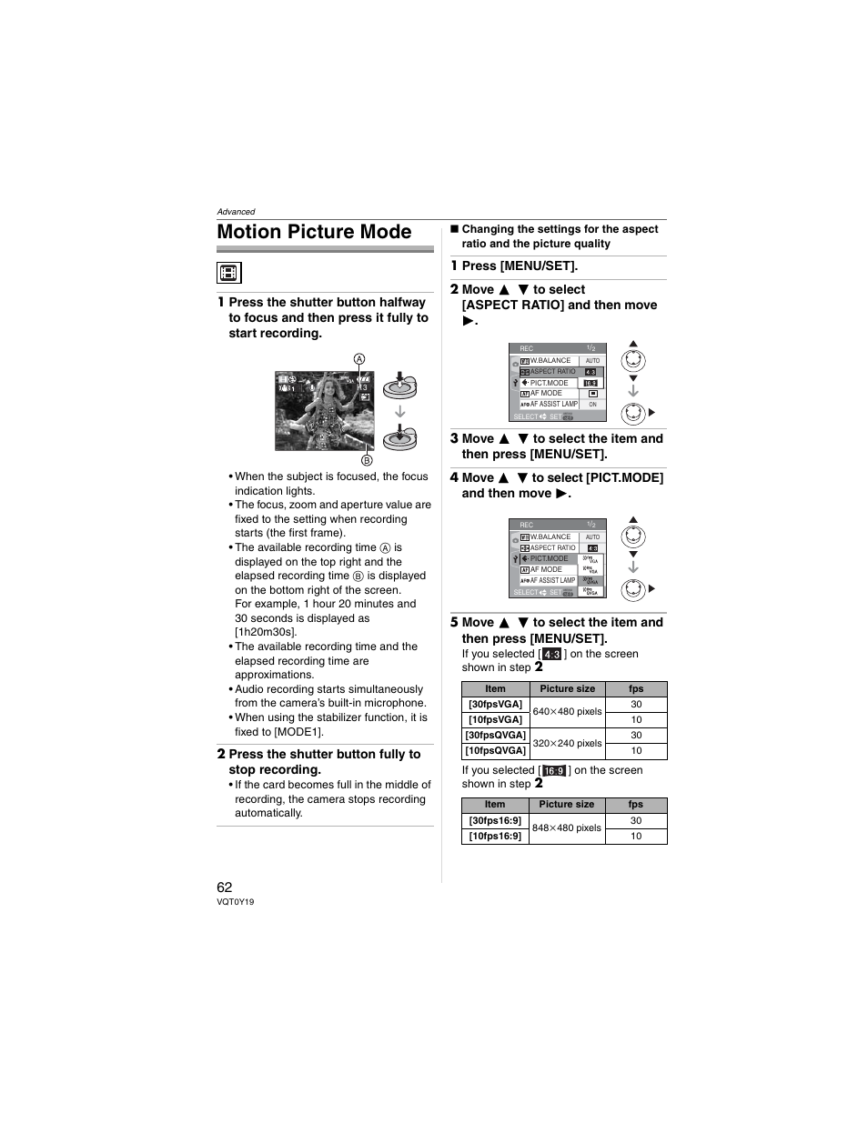 Motion picture mode, 2 press the shutter button fully to stop recording | Panasonic DMC-FX50 User Manual | Page 62 / 128