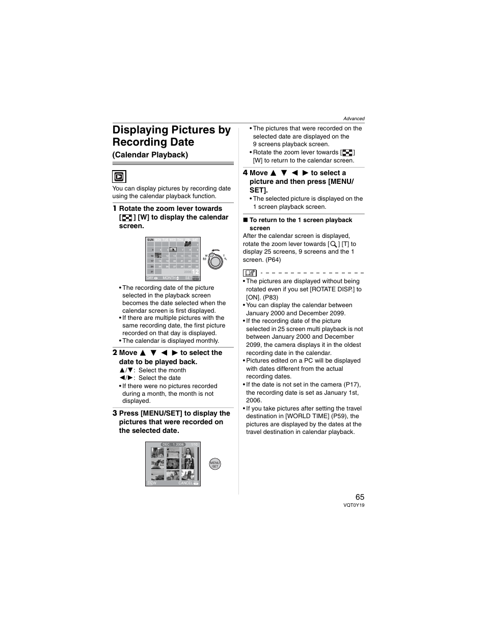 Displaying pictures by recording date, Calendar playback) | Panasonic DMC-FX50 User Manual | Page 65 / 128