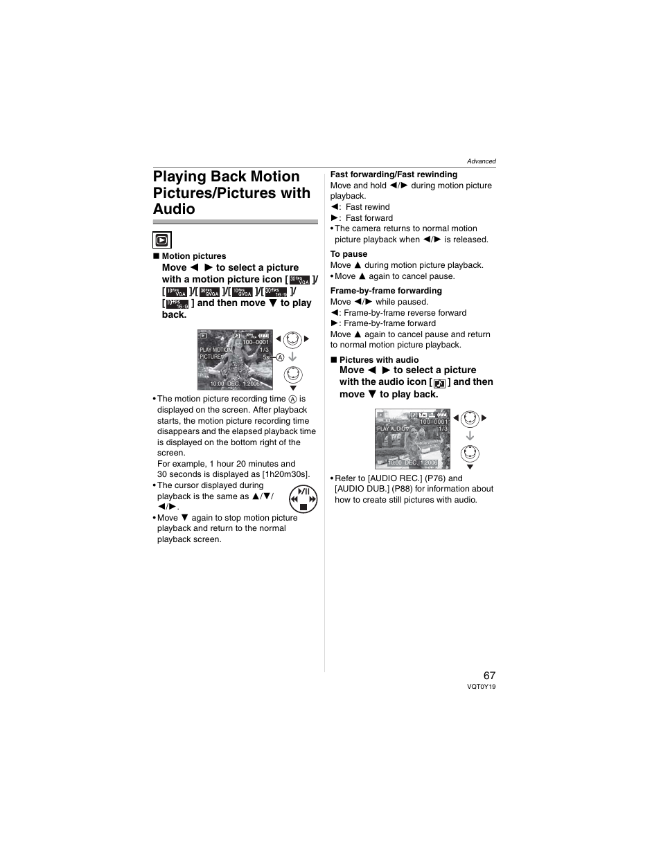 Playing back motion pictures/pictures with audio | Panasonic DMC-FX50 User Manual | Page 67 / 128