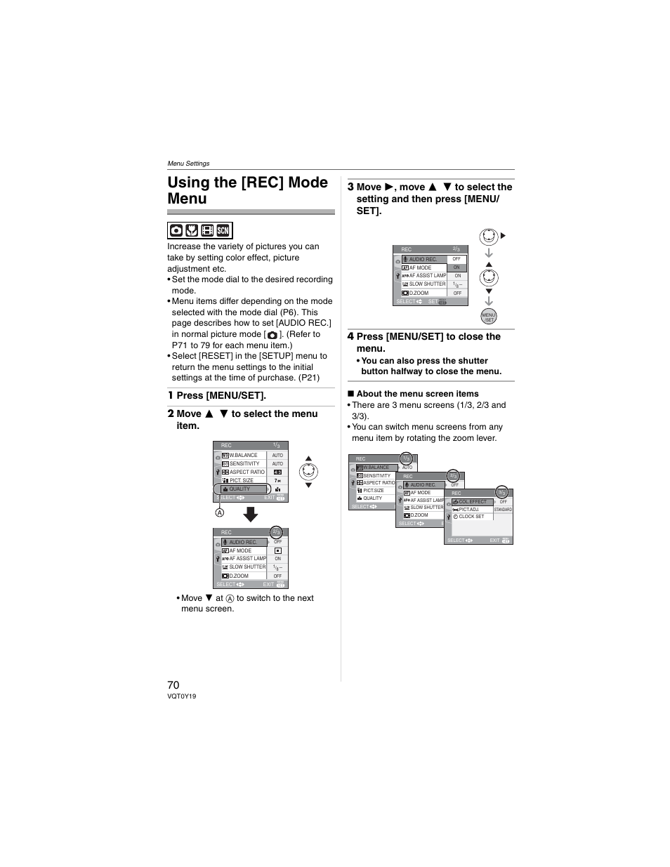 Menu settings, Using the [rec] mode menu, Move  at  to switch to the next menu screen | Panasonic DMC-FX50 User Manual | Page 70 / 128