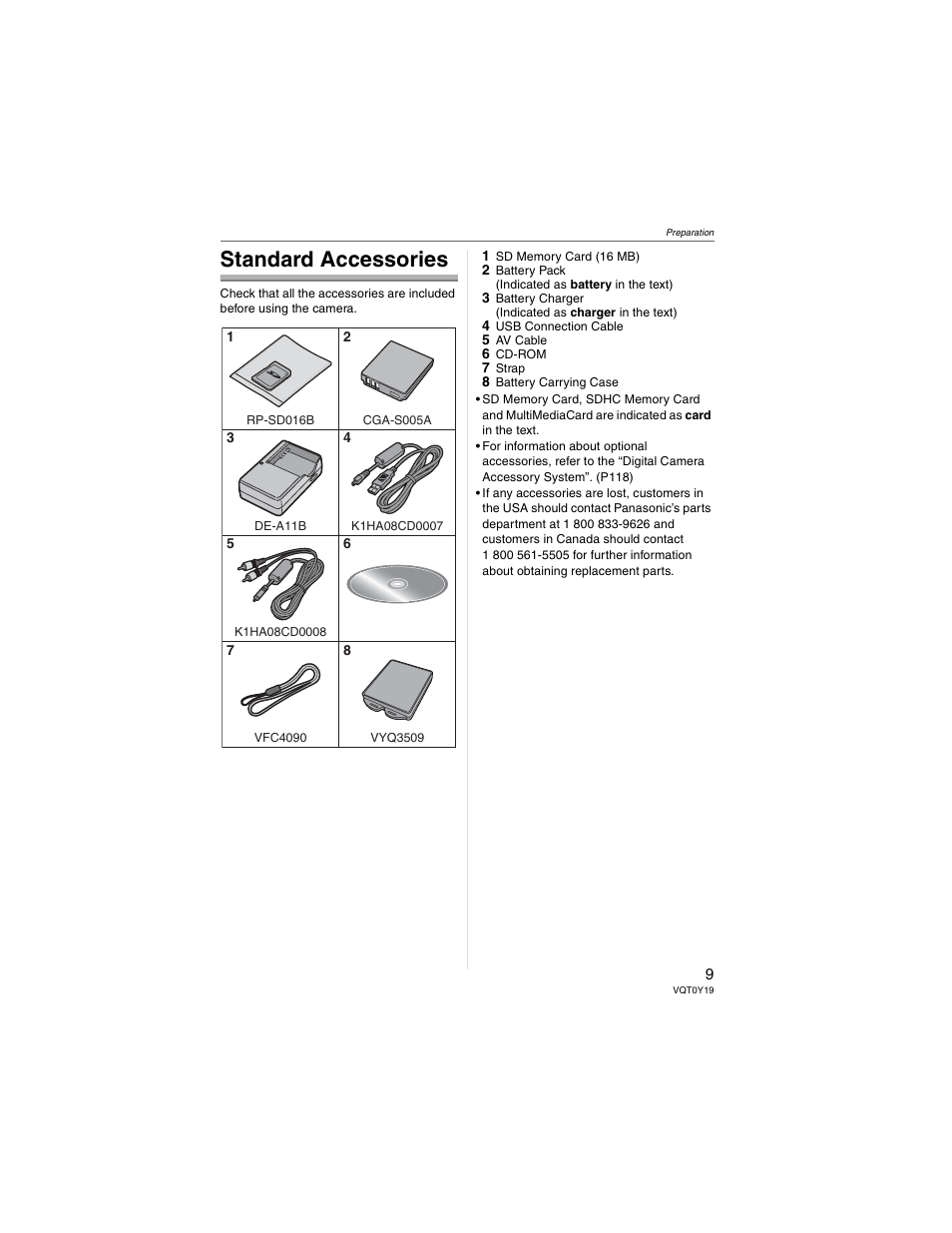 Preparation, Standard accessories | Panasonic DMC-FX50 User Manual | Page 9 / 128