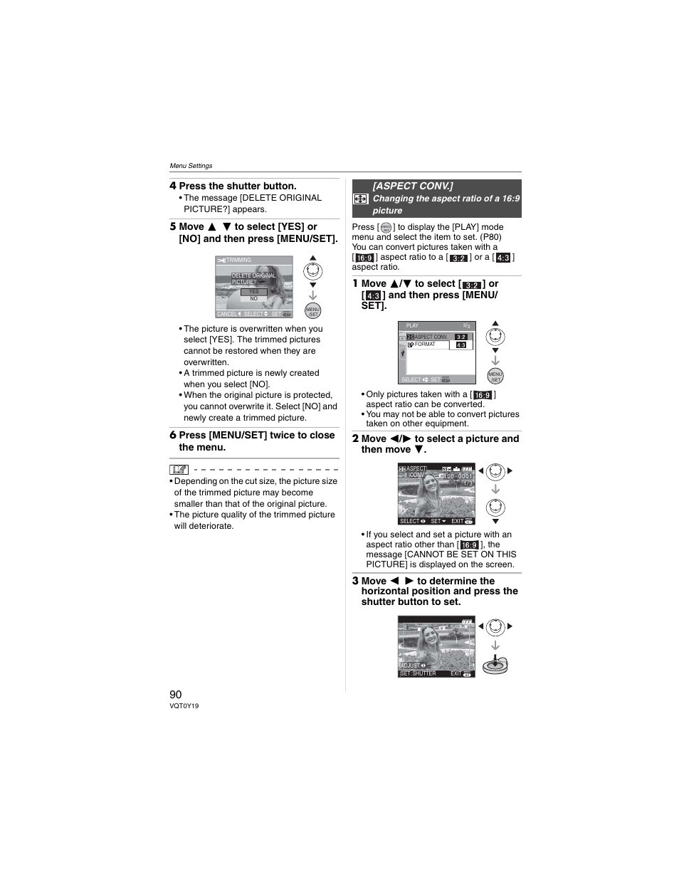 4 press the shutter button, 6 press [menu/set] twice to close the menu, 2 move  /  to select a picture and then move | Aspect conv | Panasonic DMC-FX50 User Manual | Page 90 / 128