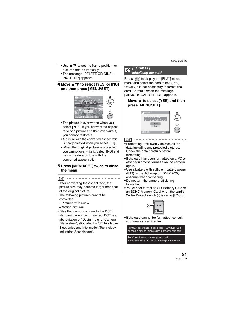5 press [menu/set] twice to close the menu, Move  to select [yes] and then press [menu/set, Format | Panasonic DMC-FX50 User Manual | Page 91 / 128