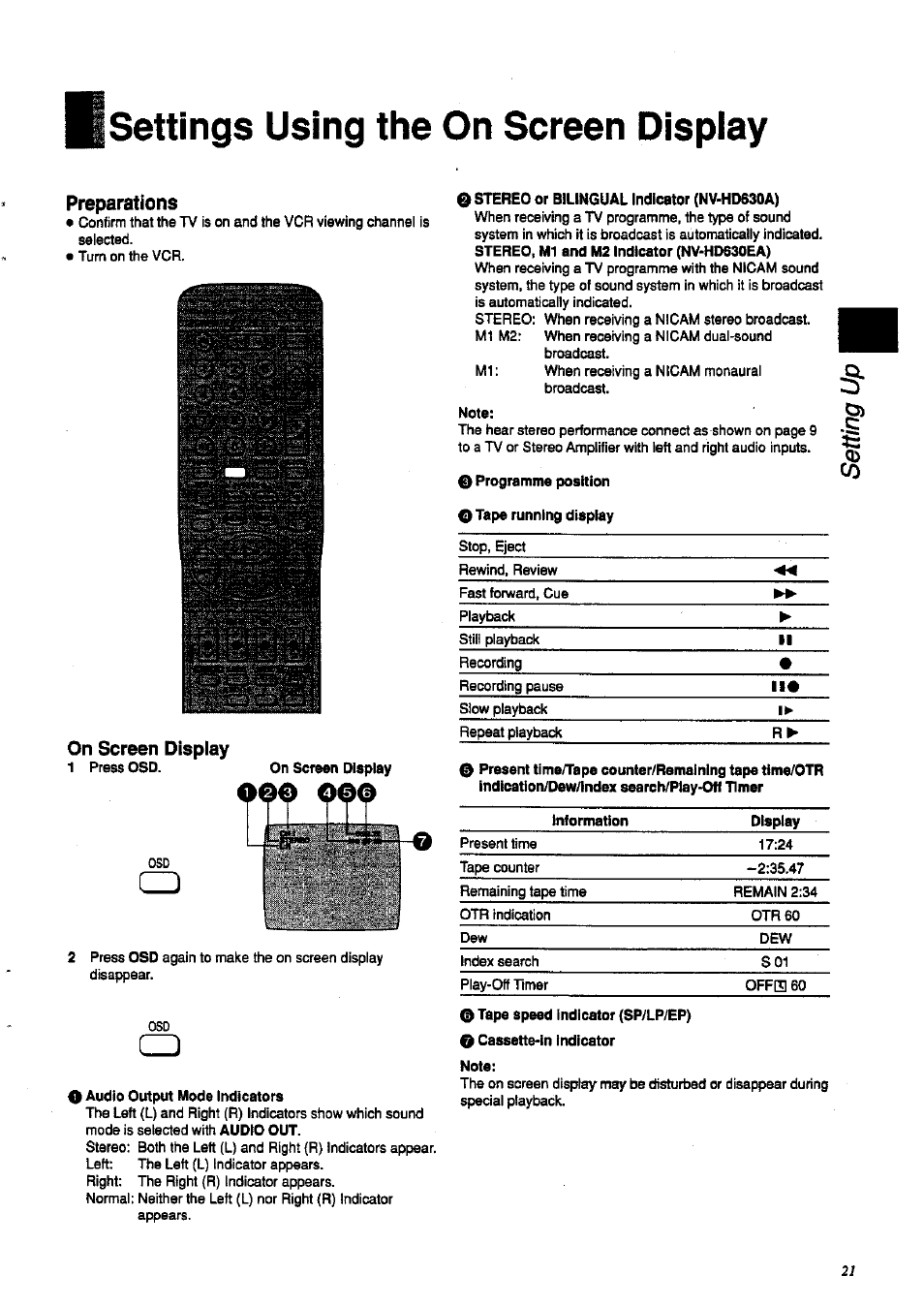 Settings using the on screen dispiay, Preparations, On screen display | Panasonic NV-HD 630 User Manual | Page 21 / 40