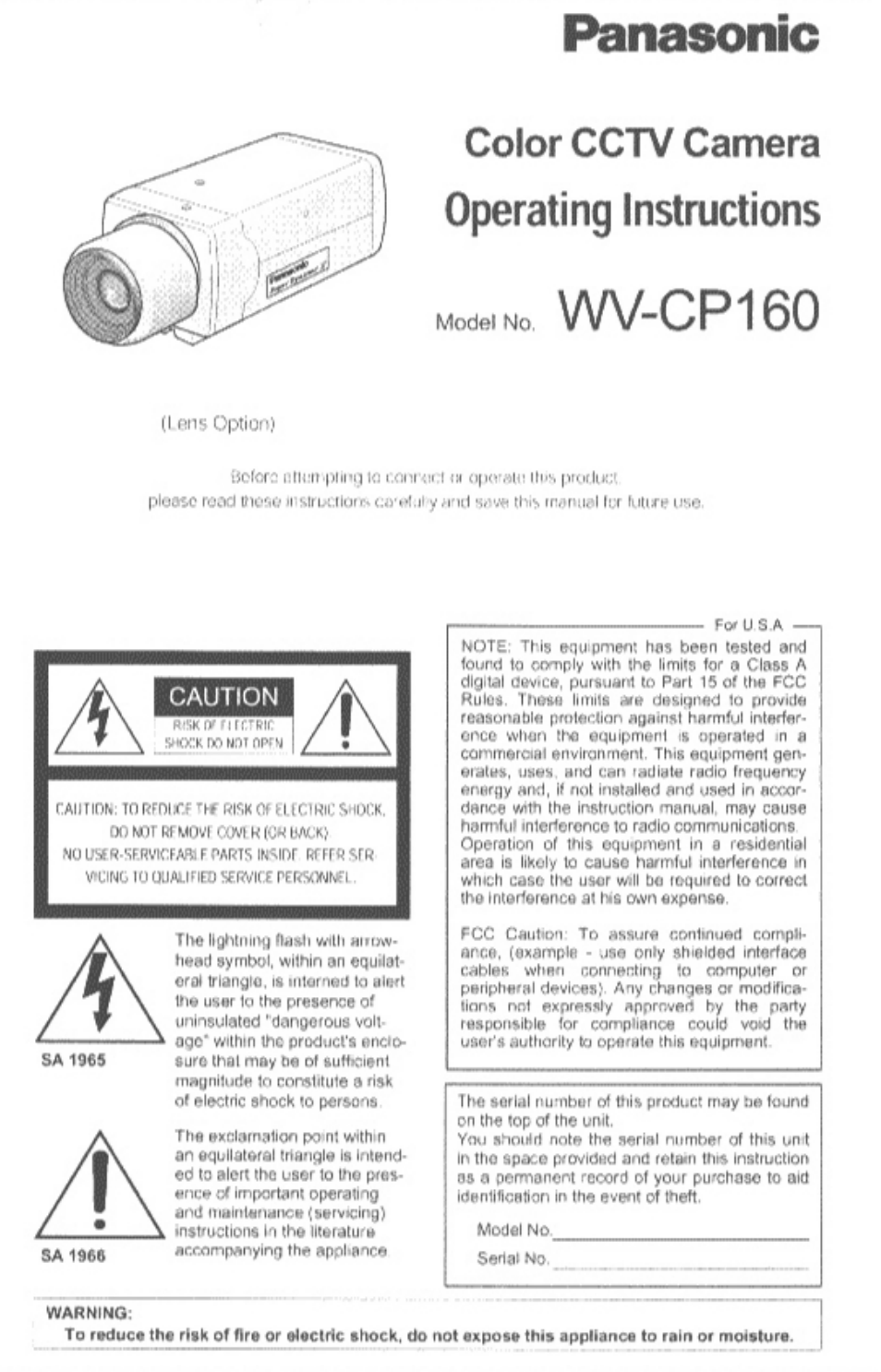 Panasonic WV-CP160 User Manual | 20 pages