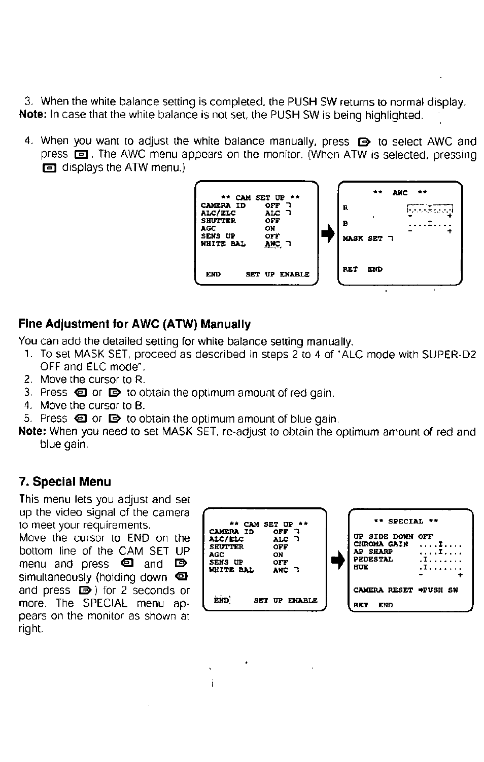 Fine adjustment for awc (atw) manually, Special menu | Panasonic WV-CP160 User Manual | Page 17 / 20