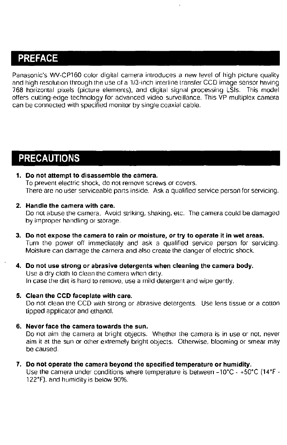 Do not attempt to disassemble the camera, Handle the camera with care, Clean the ccd faceplate with care | Never face the camera towards the sun, Preface, Precautions | Panasonic WV-CP160 User Manual | Page 2 / 20