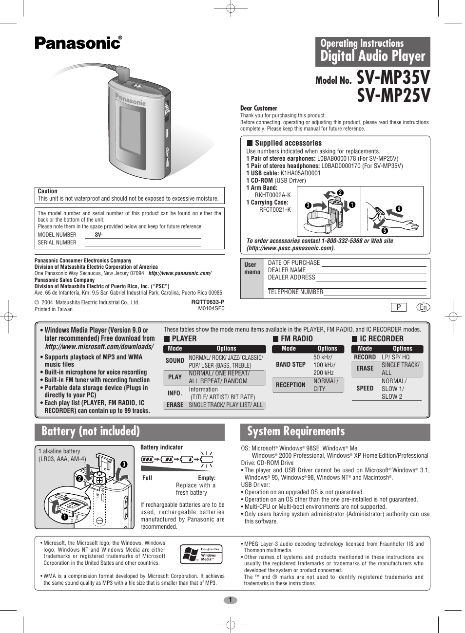 Panasonic SV-MP35V User Manual | 6 pages