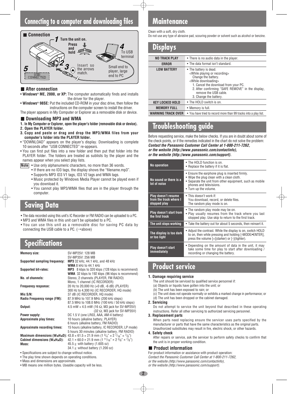 Connecting to a computer and downloading files, Saving data, Specifications | Maintenance, Displays, Troubleshooting guide, Product service | Panasonic SV-MP35V User Manual | Page 2 / 6