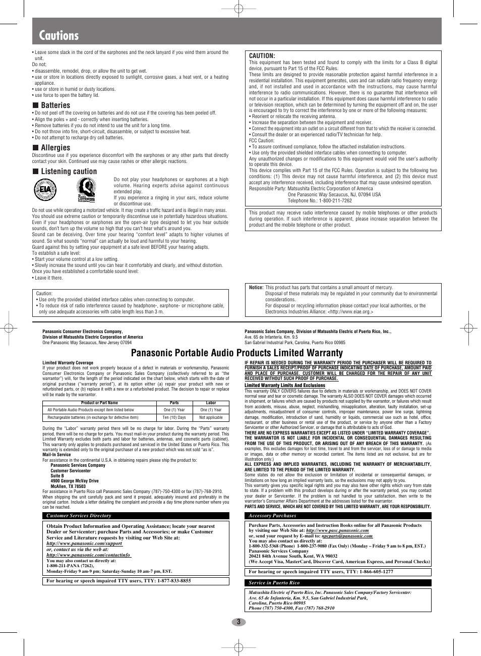 Cautions, Panasonic portable audio products limited warranty, Batteries | Allergies, Listening caution | Panasonic SV-MP35V User Manual | Page 3 / 6