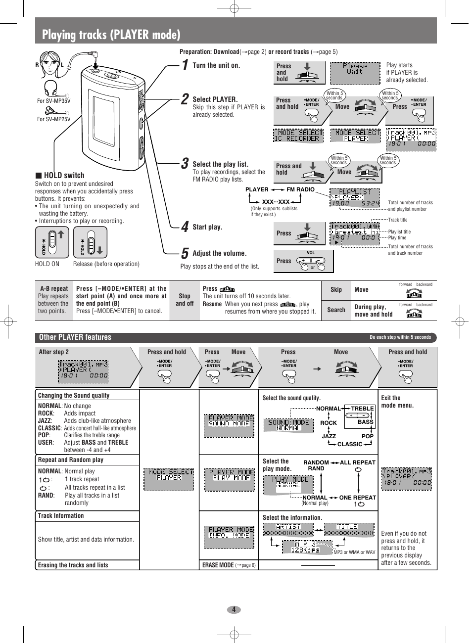 Playing tracks (player mode), Other player features | Panasonic SV-MP35V User Manual | Page 4 / 6